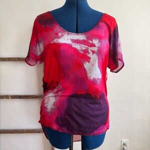 Rachel Roy Bright Watercolor PrintTop with Sheer Draped Back